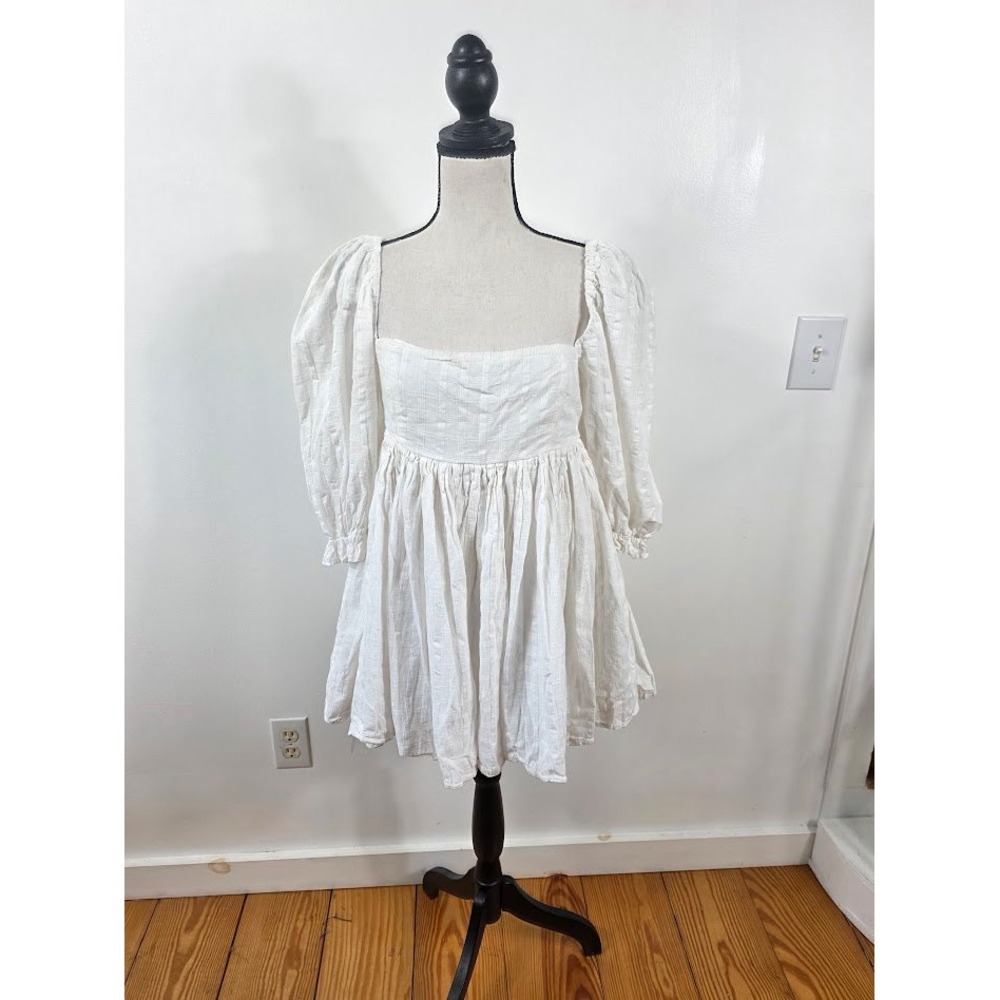 Mable Anthropologie Babydoll Dress Women L White Puff Sleeve Square Neck Cotton - Picture 2 of 7